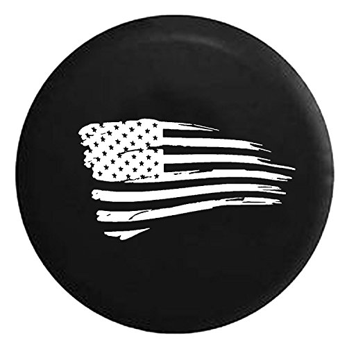Waving American Tattered Flag Military Spare Jeep Wrangler Camper SUV Tire Cover White Ink 33 in