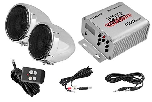 Pyle Motorcycle Two 3 Inch Speakers, 100 Watt, All-Terrain, Weatherproof Speaker and Amplifier Sound System, Handlebar Mount, FM Radio for ATV, Snowmobile, Scooter, Boat, Waverunner, Jetski (PLMCA10)