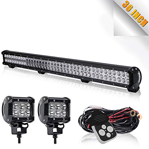 TURBO SII 36In Combo Led Light Bar On Canopy Roof Rack Brush Bar Grill Guard Roll Bar Push Bumper With 4In Pods Cube Driving Fog Lights For F350 Kawasaki Mule Tractor 4Wheeler Polaris Ranger Truck RTV