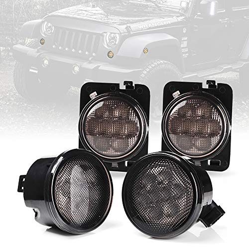Xprite Smoke Lens Yellow LED Front Replacement Turn Signal Light & Fender Side Marker Light Assembly for 2014-2018 Jeep Wrangler JK JKU