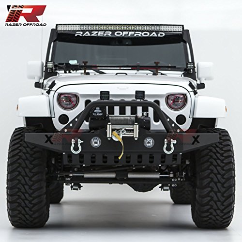 Razer Auto Black Textured Rock Crawler Front Bumper With Skid Plate, Fog Lights Hole & 2x D-Ring & Winch Plate (Black) for 07-18 Jeep Wrangler JK