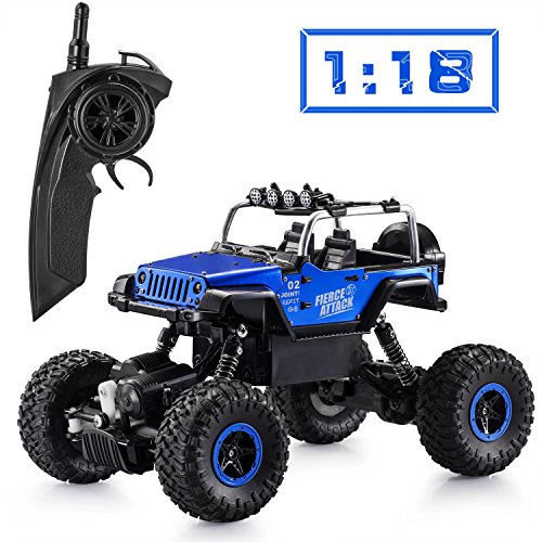 Tobeape RC Car, Wireless Remote Control Off Road RC Toy Car, 1/18 Scale High Speed RC Truck, 4 Wheel Drive Jeep, Birthday Gift for Children, Kids (2 Rechargeable Batteries Included) - Blue