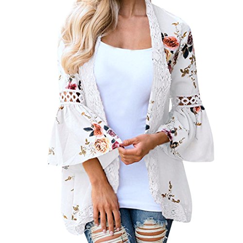 Syban Women Lace Floral Open Cape Casual Coat Loose Blouse kimono Jacket Cardigan (M, White)