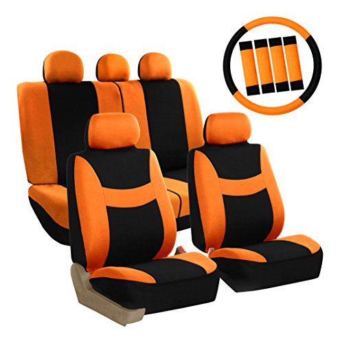 FH Group FB030ORANGE-COMBO Seat Cover Combo Set with Steering Wheel Cover and Seat Belt Pad (Airbag Compatible and Split Bench Orange)