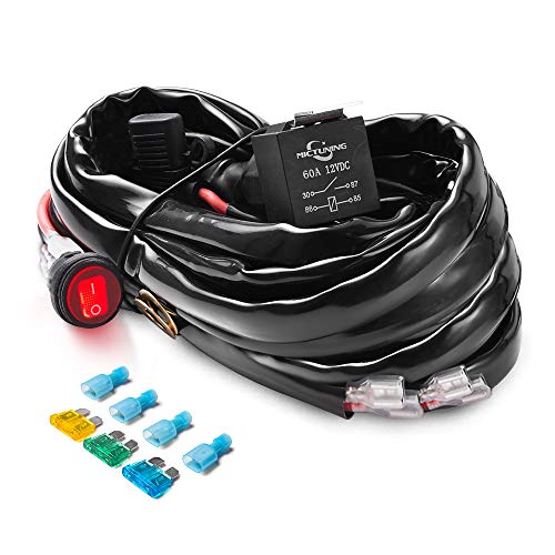 MICTUNING HD+ 12 Gauge 600W LED Light Bar Wiring Harness Kit w/ 60Amp Relay, 3 Free Fuse, On-off Waterproof Switch Red(2 Lead)