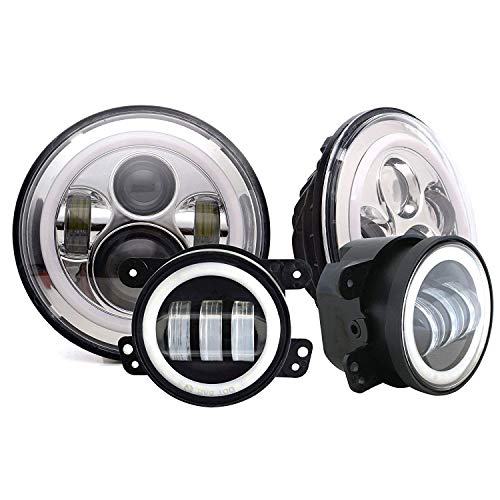 DOT Approved 7inch Round chrome Jeep Wrangler Projector Angel Eye LED headlights With DRL Amber Turn Singal Hi/Lo Beam + 4" Halo Ring LED Fog Lights For unlimited Rubicon Cruiser JKU FJ JK TJ LJ CJ