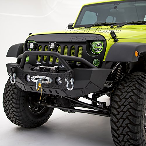 Restyling Factory-Rock Crawler Front Bumper With Fog Lights Hole & Built In Winch Plate Black Textured for 07-18 Jeep Wrangler JK