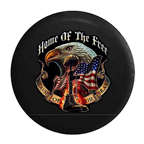 Home of Free Because of the Brave Military Rememberance Boots Rifle with Flag & Eagle Spare Jeep Wrangler Camper SUV Tire Cover 33 in
