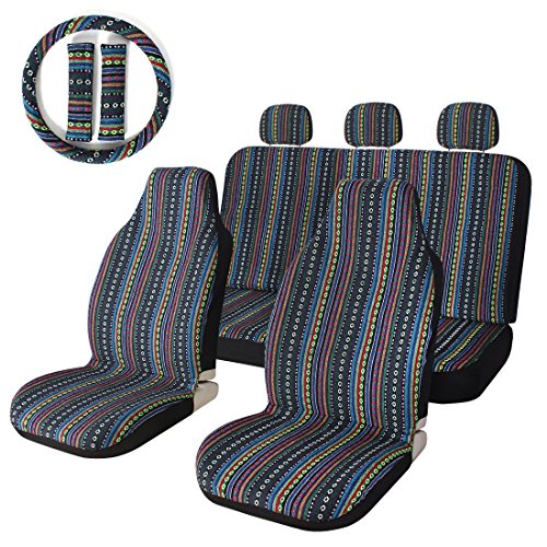 10pc Stripe Colorful Seat Cover Baja Blue Saddle Blanket Weave Universal Bucket Seat Cover with Steering Wheel Cover Front & Rear