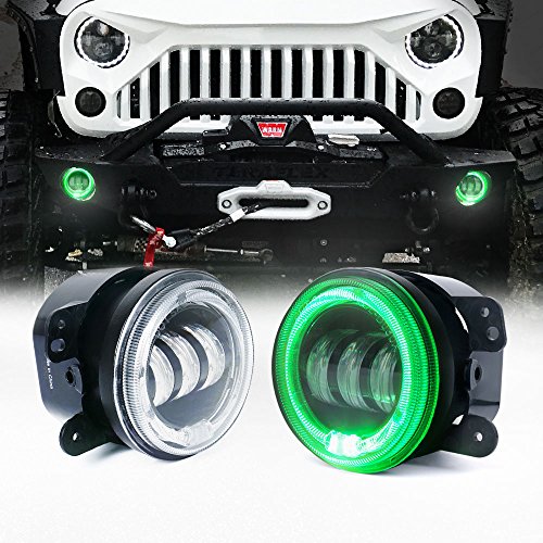 Xprite 4" Inch 60W Cree Led Fog Lights W/Green Halo Ring DRL for Jeep Wrangler JK Tractor Boat Led Fog Lamps Bulb Auto Led Headlight Driving Offroad Lamp