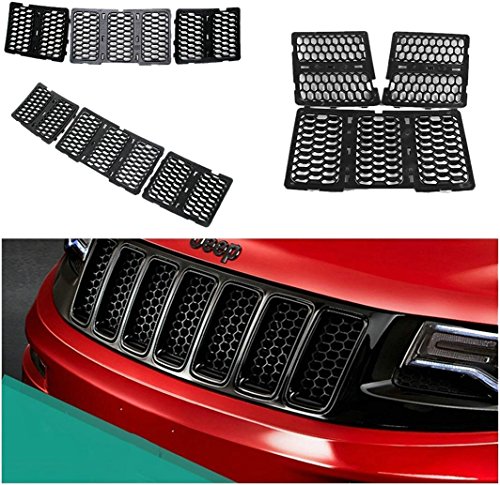Danti Latest Honeycomb Matte Mesh Front Grill Grille Inserts Cover Kit 7 pc For Jeep Grand Cherokee 2014 2015 2016 (Black)